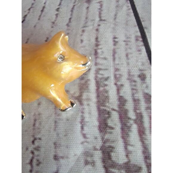 Vintage Brushed Enamel Pig Brooch With Crystal Eye Shiny Silver Tone Metal Lapel - Picture 3 of 6